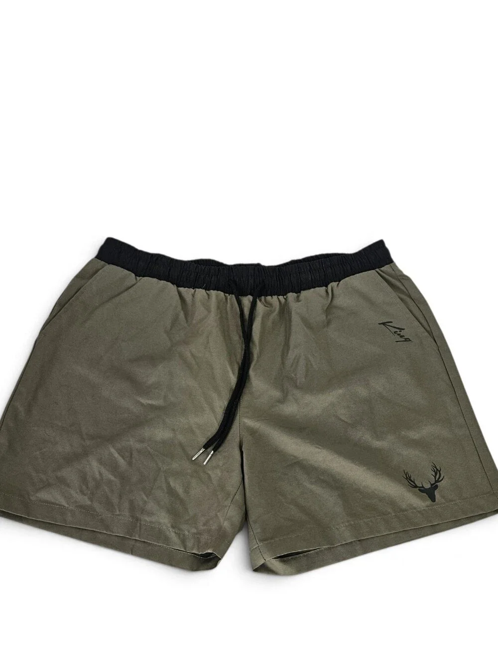 SHEIN Men's Swim Shorts Large Olive Green Deer Graphic Swim Trunks Beach Pool